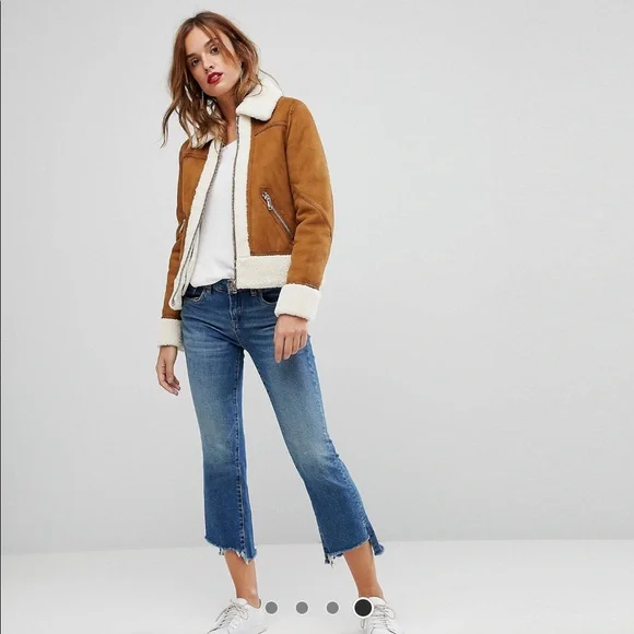 Warehouse Tan Suede Faux Shearling Jacket with Cream Trim - Picture 4 of 10